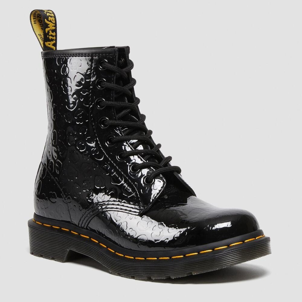 Dr Martens 1460 Boots Leopard Emboss Black Lace Up‎ Combat Ankle Patent Sz 6